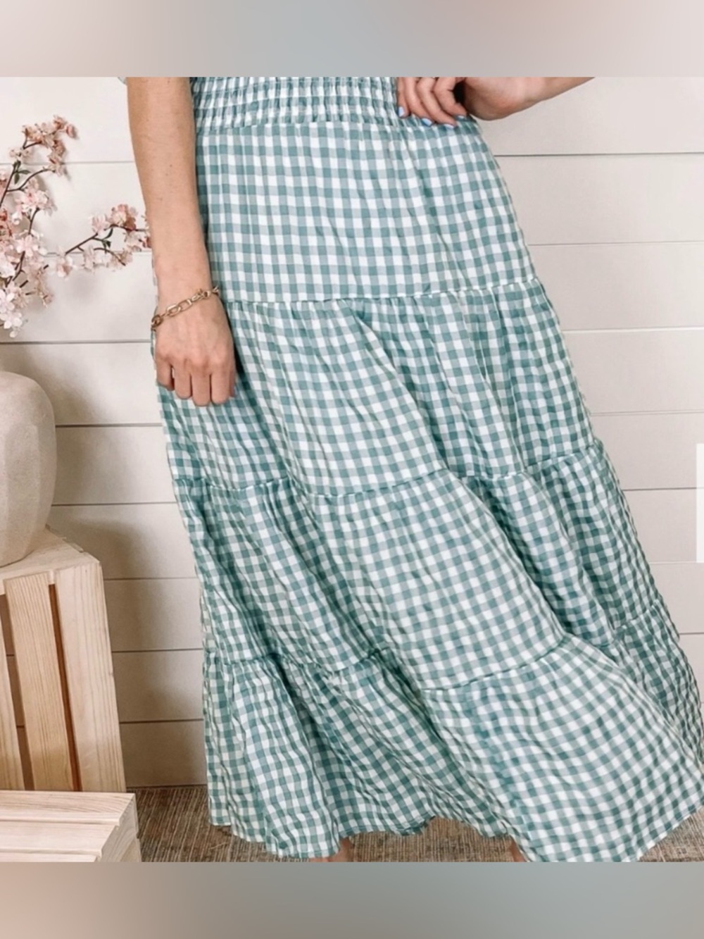 Entro Green & While Gingham Tiered Maxi Skirt, Like New worn once, Retail $49